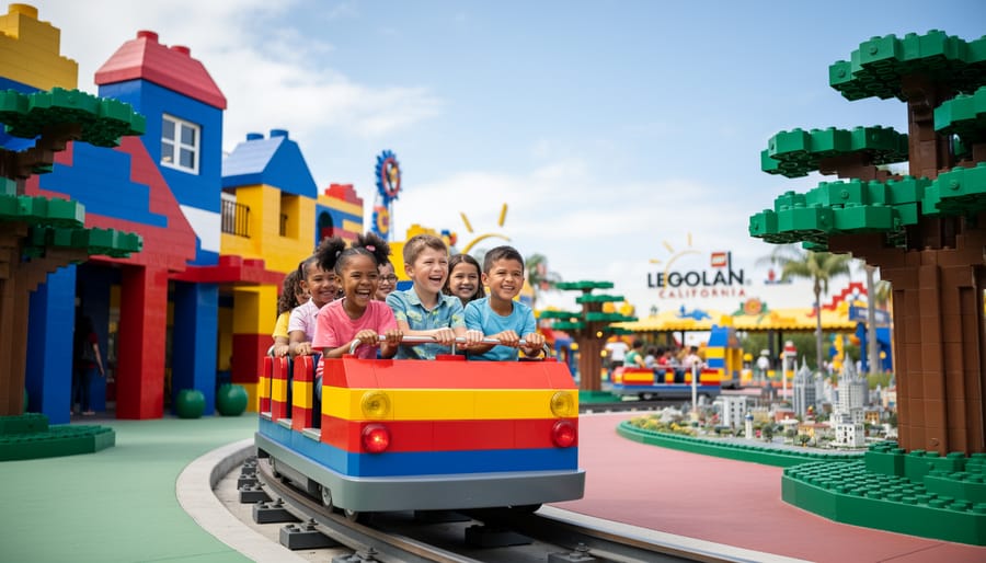 Children enjoying a colorful boat-themed ride at LEGOLAND California