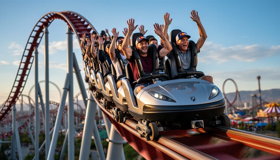 Riders on a roller coaster at Six Flags Magic Mountain approaching the camera