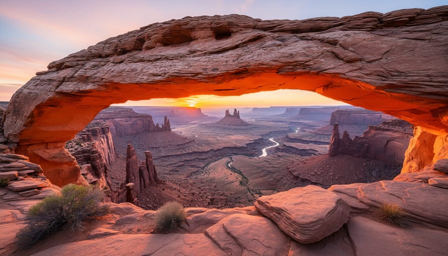 Mesa Arch glowing at sunrise with framed sky and desert canyon views