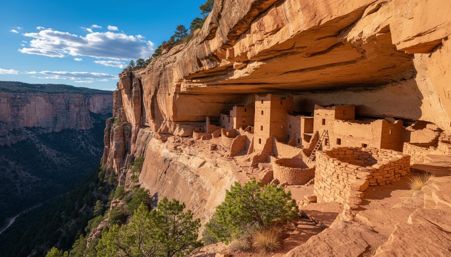 Mesa Verde cliff dwellings built into a sandstone cliff under an overcast sky.