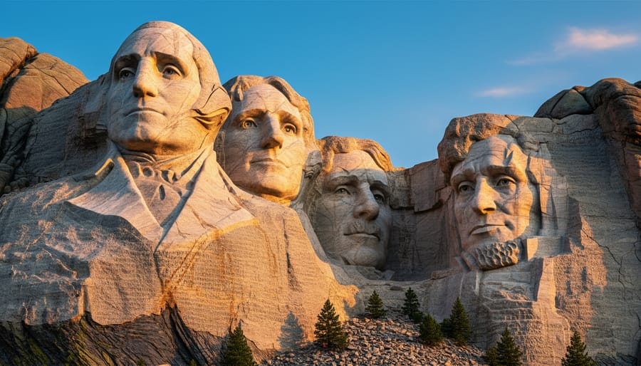 Low-angle view of Mount Rushmore faces at golden hour