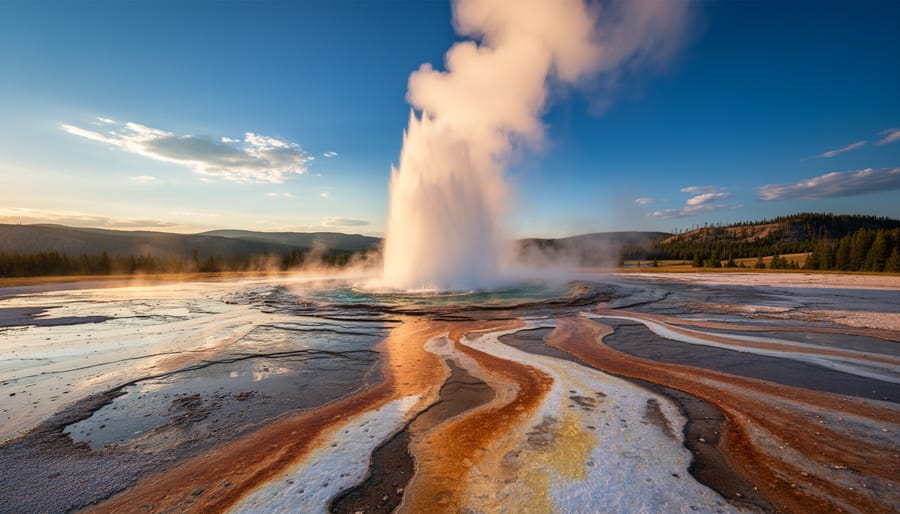 Old Faithful erupting with steam rising above thermal basins in Yellowstone