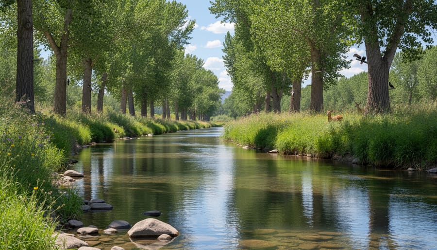 Cottonwood trees and native vegetation along the creek corridor near Dry Creek Trail #78