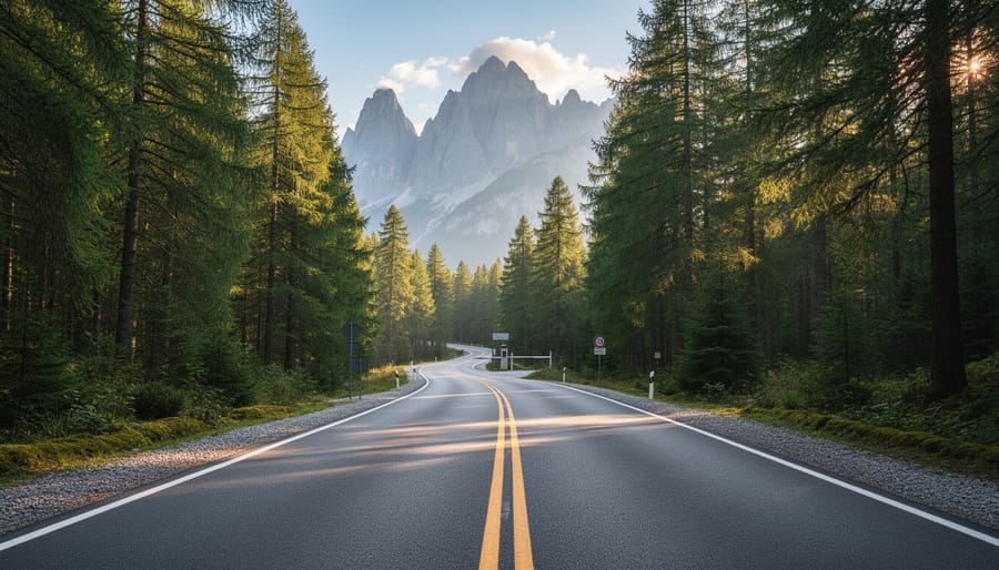A scenic mountain road winding through forest with sunbeams and distant peaks.
