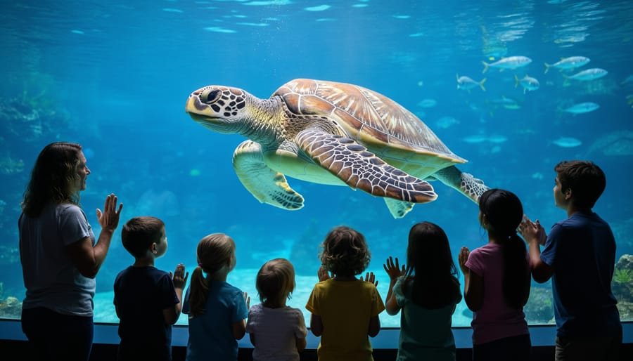 Family watching a sea turtle through an aquarium window at SeaWorld San Diego