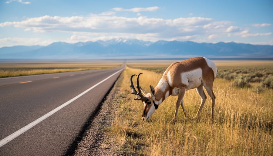A pronghorn antelope standing in grassland near South Alamo Road with mountains in the distance.