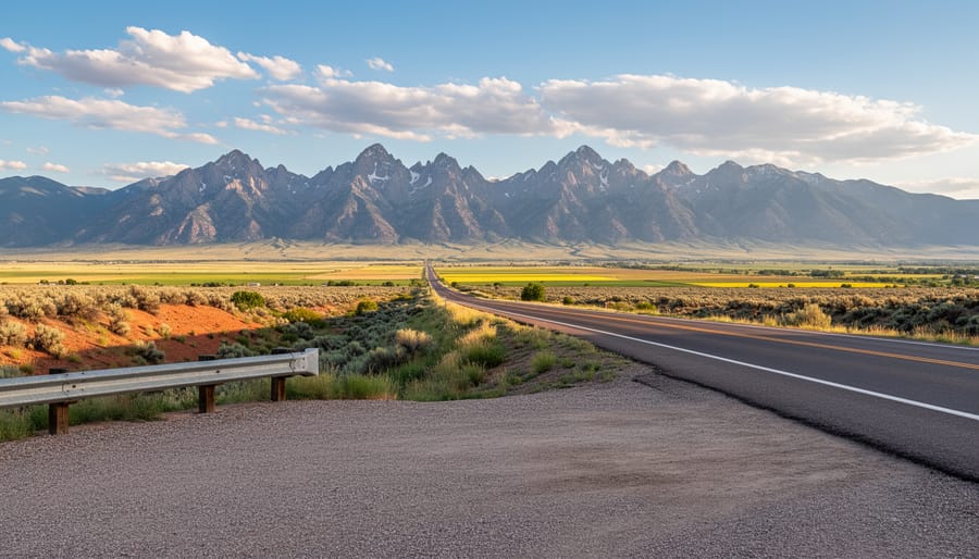 Visitors photographing panoramic mountain and valley views from a roadside pull-off on South Alamo Road.