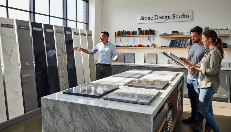Stone samples of different colors and finishes displayed on a workshop table with tools blurred in the background