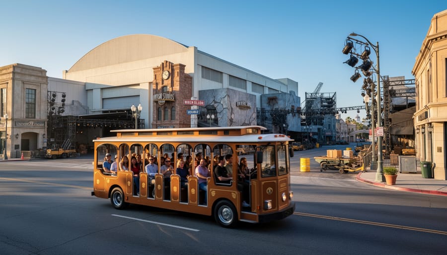 Studio tram and movie-set buildings at Universal Studios Hollywood
