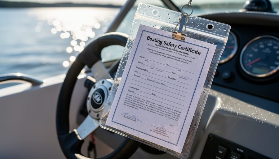 A boating safety certificate in a waterproof holder placed next to a smartphone on a dock table.