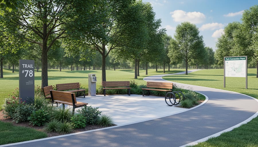 Shaded park rest area and connecting paths at Westminster City Park along Dry Creek Trail #78