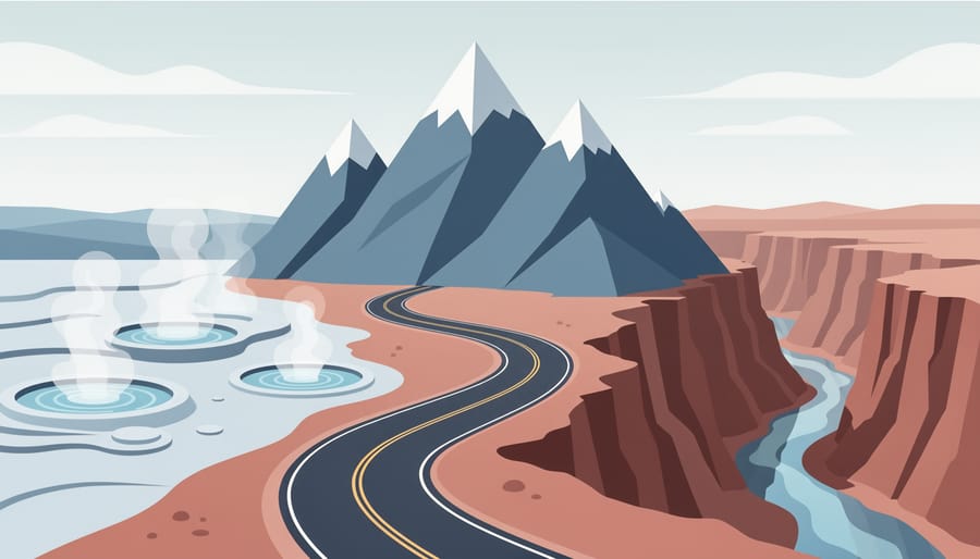 Wide cinematic view of a Wyoming road leading toward multiple natural landscapes, including geothermal steam and mountains.
