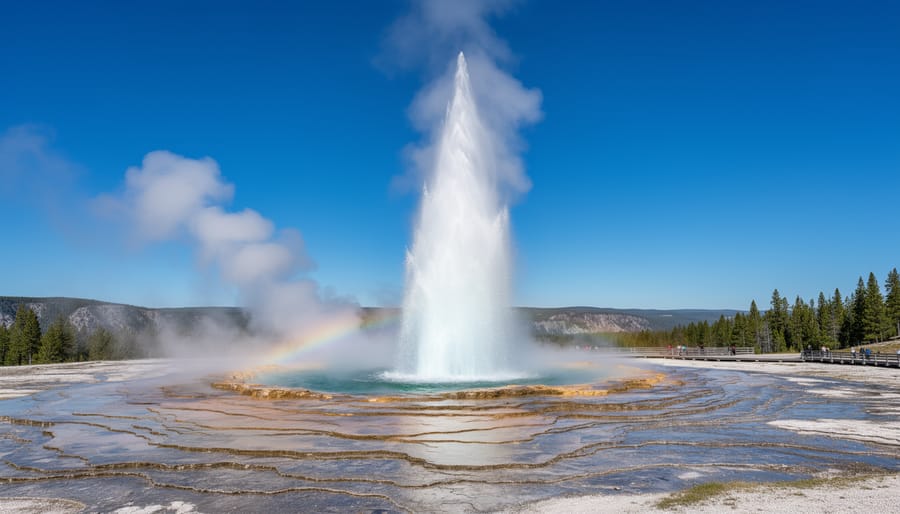 Old Faithful geyser erupting in Yellowstone National Park with rising steam and surrounding geothermal features.