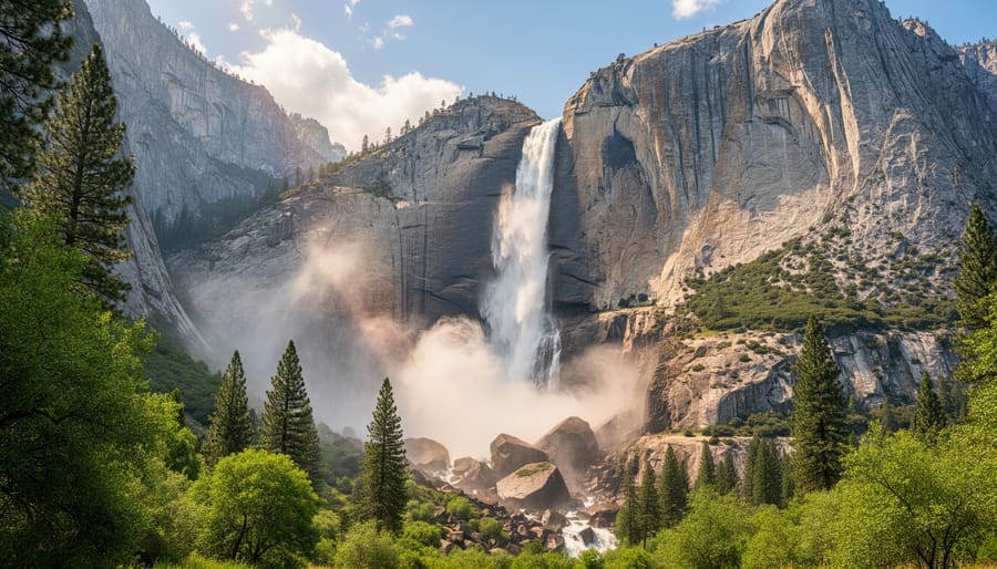 Yosemite Falls plunging from above with mist and surrounding pine forest