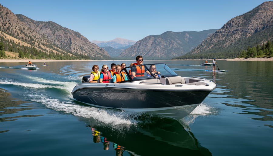 A young operator steering a motorboat across a Colorado lake at sunrise.