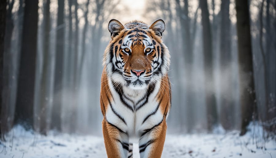 Amur tiger in a misty taiga forest at dawn