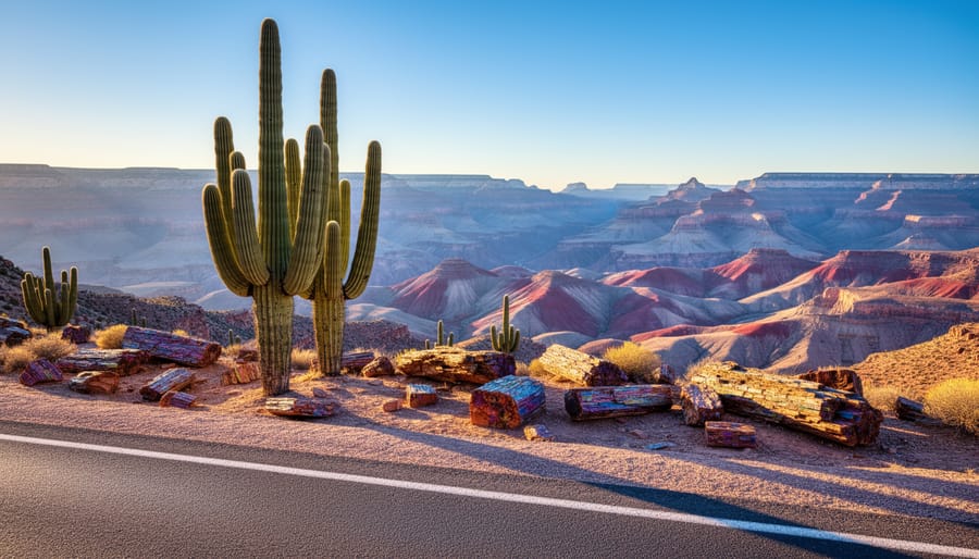 Wide landscape view of Arizona’s Grand Canyon with towering saguaro cacti in the foreground and rainbow-colored petrified wood across the desert terrain.