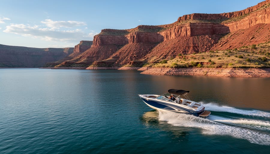 Powerboat on Blue Mesa Reservoir with red rock canyon scenery