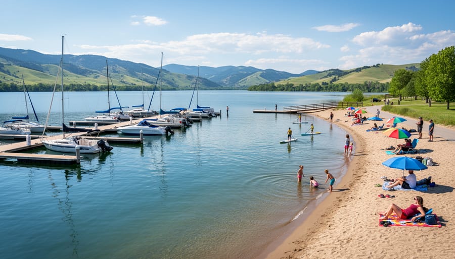 Pontoon boat near marina dock at Chatfield Reservoir with shoreline beach in view