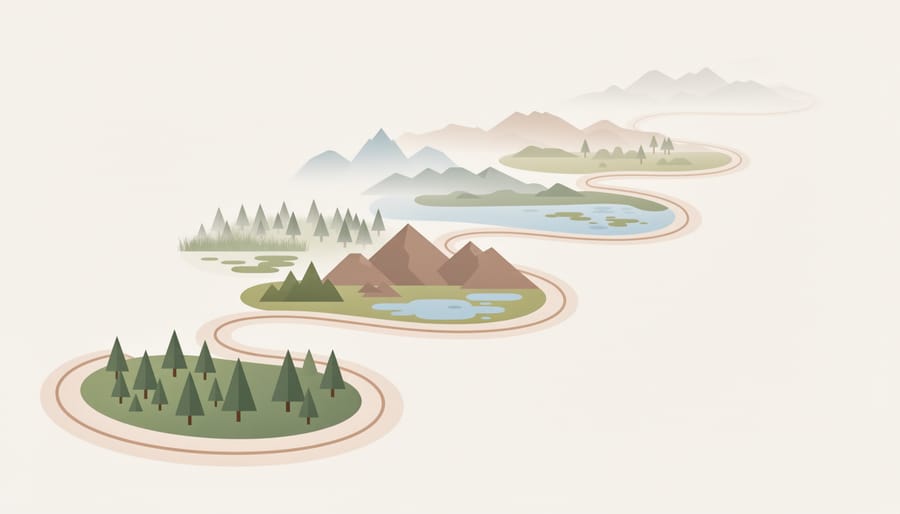 Hiker on a winding trail with diverse landscapes representing China’s national parks