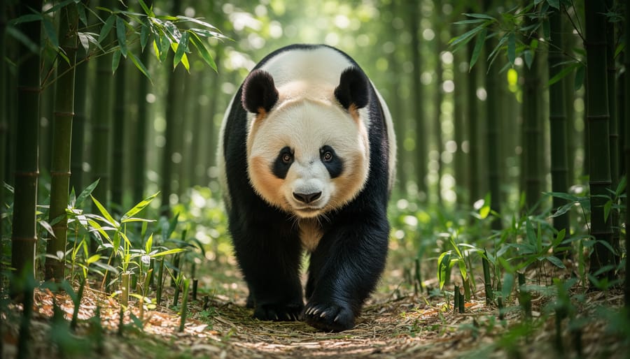 Giant panda eating bamboo in a Sichuan forest