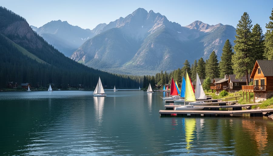 Sailboat on Grand Lake with mountains and lakeside shoreline in view