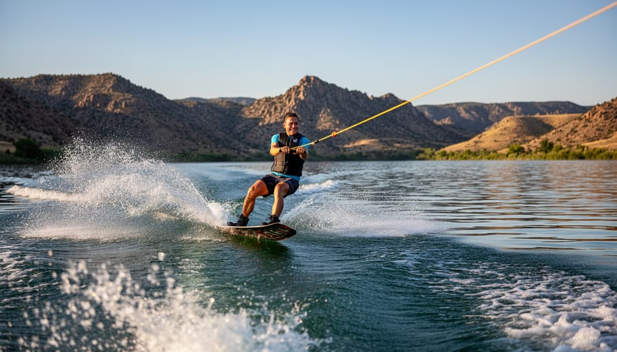 Wakeboarding boat cutting wake on Horsetooth Reservoir with rock formations in background