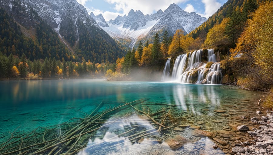 Turquoise lake and waterfall in Jiuzhaigou Valley