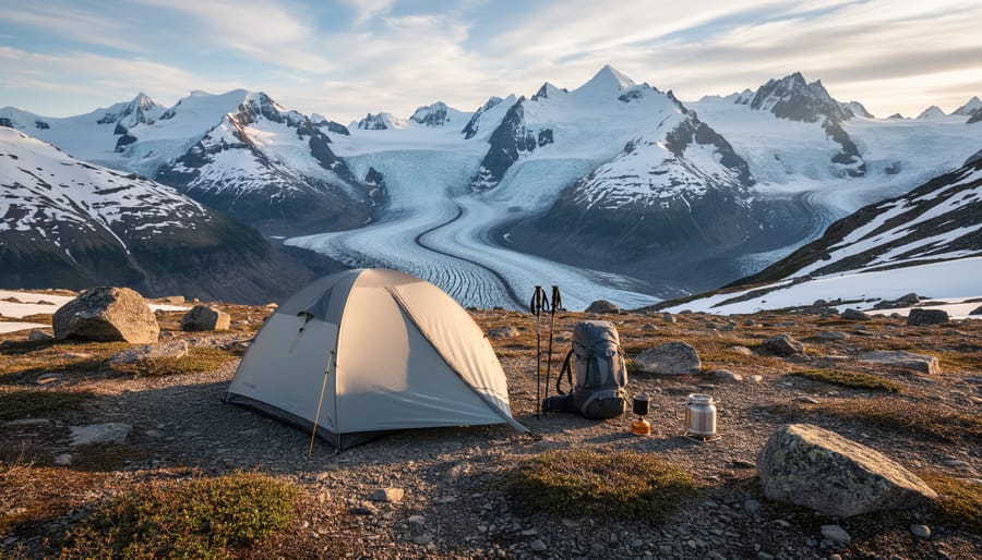 Hikers camping in a remote wilderness area with a tent near an icefield and mountains in the distance.