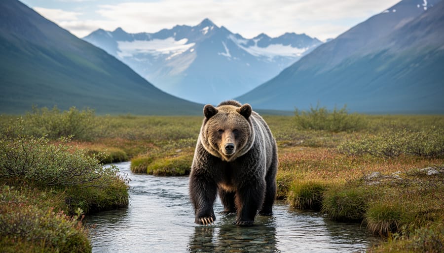A grizzly bear standing in an alpine meadow near a wilderness trail with mountains in the distance.
