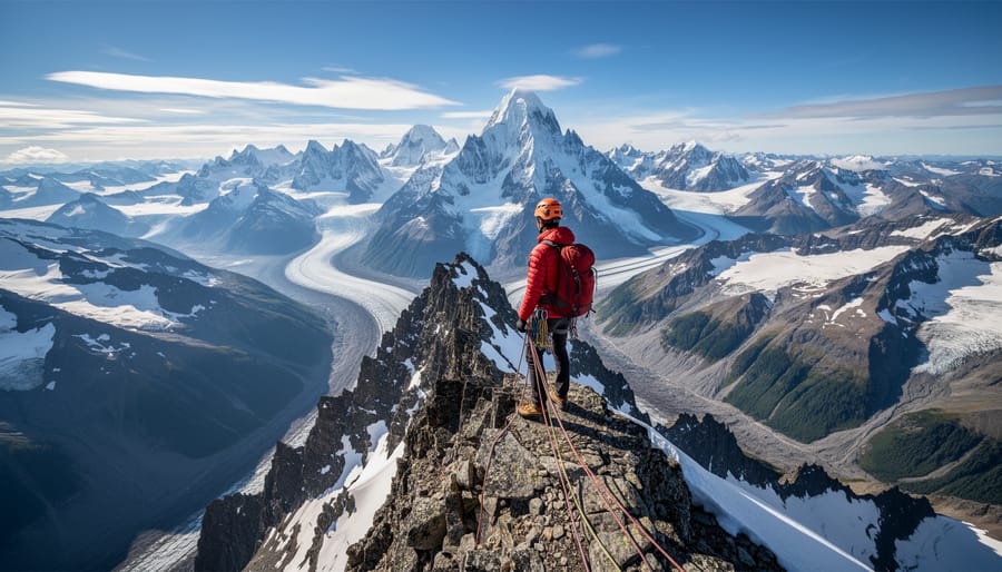 A lone mountaineer silhouetted on a ridge with snow-covered peaks and expansive icefields in the background.