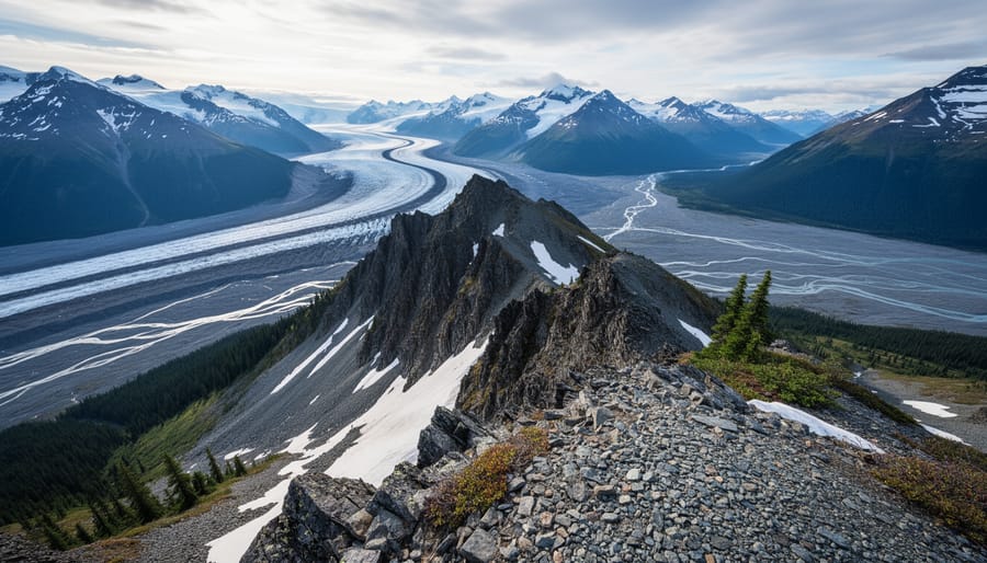 Glacier-carved valley and snow-capped peaks in Kluane National Park with ice fields stretching toward the horizon under overcast daylight