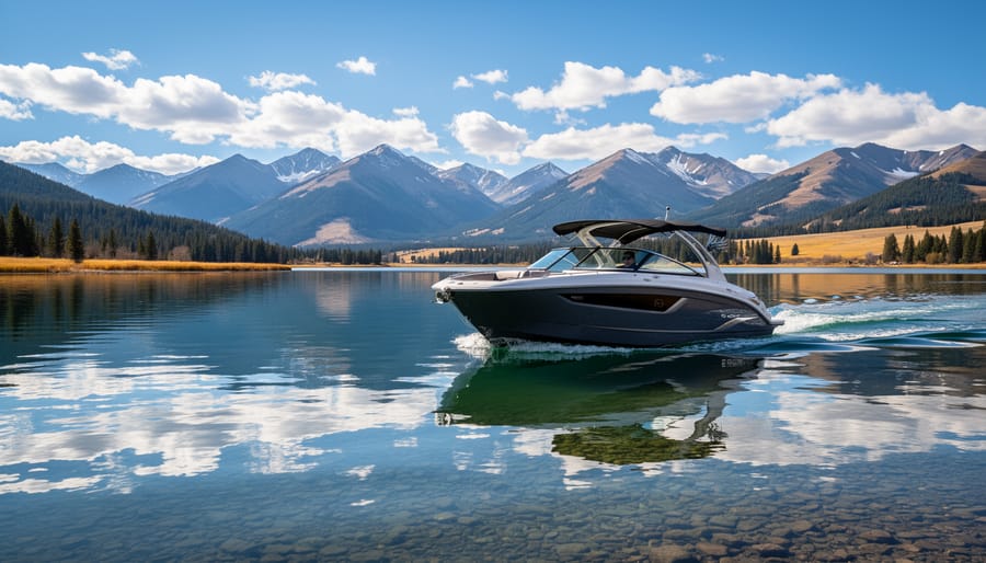 Boat on Lake Dillon with marina and mountain peaks in the background