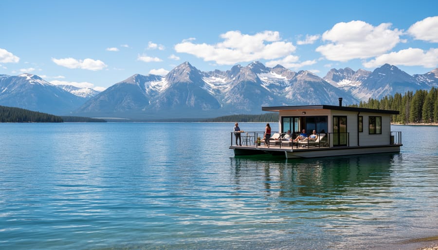 Houseboat on Lake Granby with mountains and calm reservoir shoreline