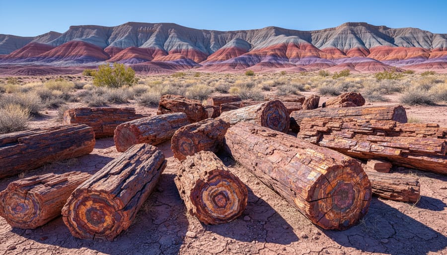 Colorful petrified wood logs on the Painted Desert in Petrified Forest National Park