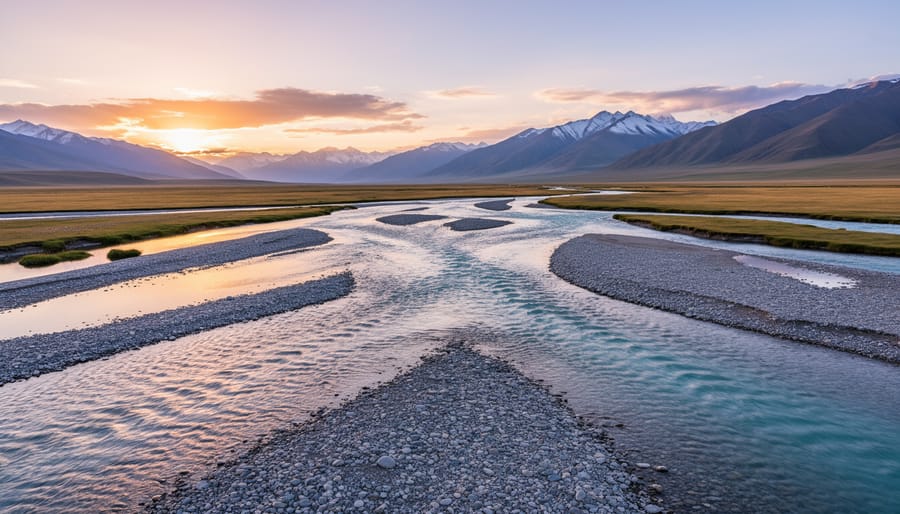 Sunrise over Qinghai high-altitude river headwaters on the Tibetan plateau