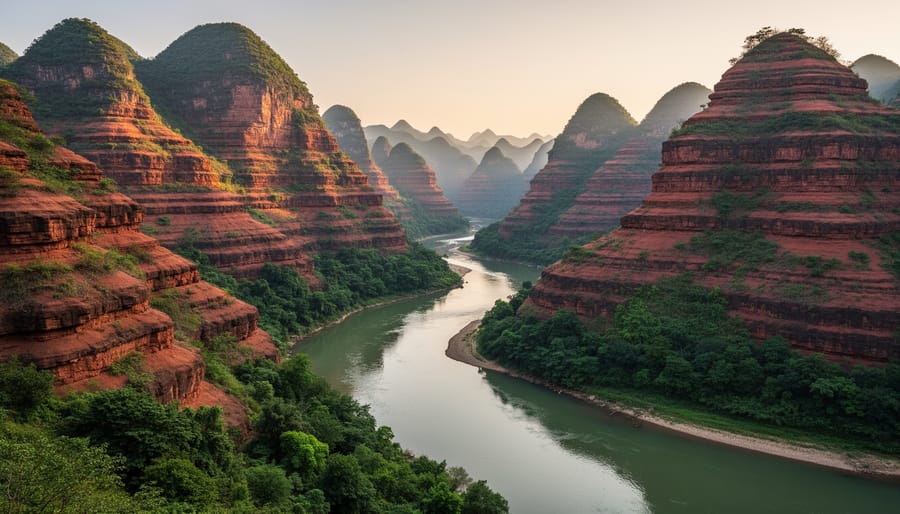 Red Danxia rock cliffs and a winding river in Wuyishan National Park