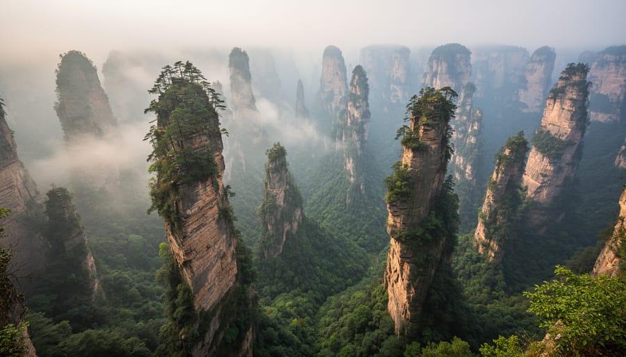 Foggy morning view of towering sandstone pillars at Zhangjiajie